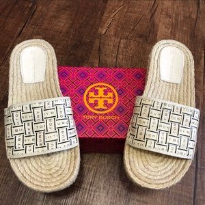 Tory Burch Ribbon Espadrille Slide Herringbone Sandals Size 7.5 Imperfections